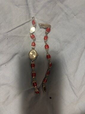 Rare Estate Vintage Inspired Red Ladybug Link Watch Bracelet